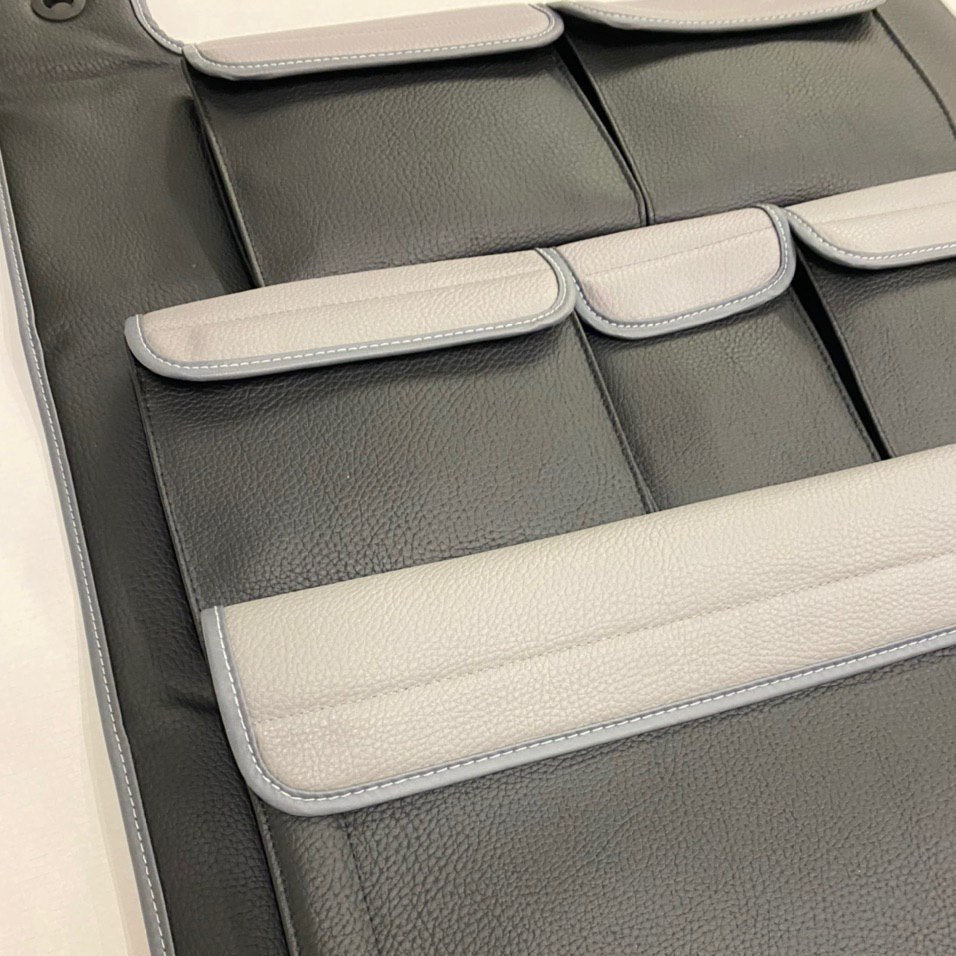 Pour VW T5 / T5.1 / T6 Transporter Organisateur de siège à double dossier (noir avec couvercles gris)