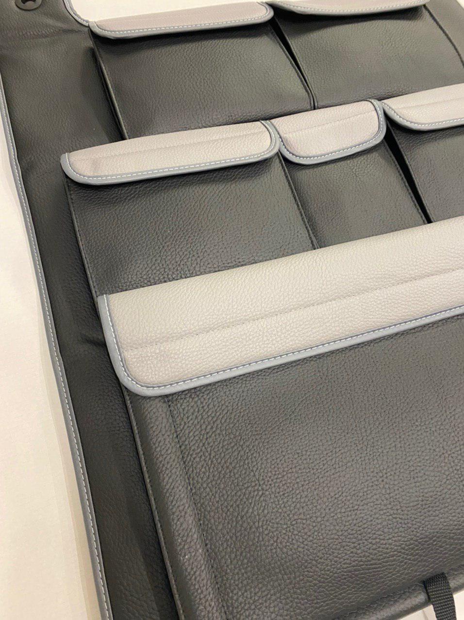 Para VW T6 / T6.1 Transporter Campervan Organizador de doble asiento trasero de cuero sintético (Negro con tapas grises)