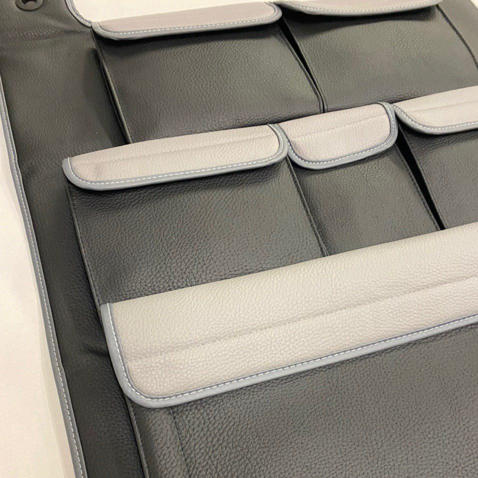 Voor VW T6 / T6.1 Transporter Campervan kunstleer dubbele achterbankorganizer (zwart met grijze deksels)