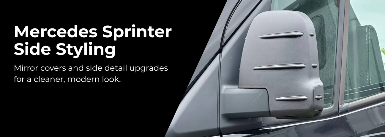 Mercedes Sprinter side styling with gloss black mirror covers